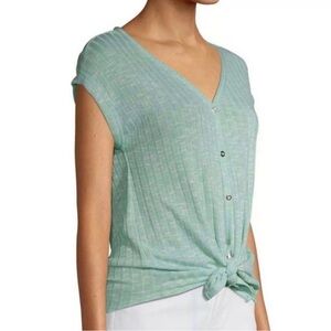 No Boundaries Knit Ribbed Top, Silver Button, Tie Front, Mist Mint JUNIORS XXXL